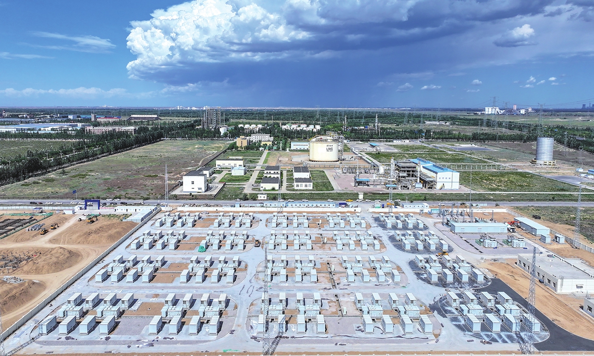The construction site of a 200-megawatt/800-megawatt-hour shared energy storage power station is seen in Xingqing district, Yinchuan, Northwest China's Ningxia Hui Autonomous Region, on August 3, 2026. In recent years, Ningxia has accelerated the development of a new-type power system, with energy storage playing a key role in supporting renewable energy consumption and balancing electricity supply. Photo: VCG