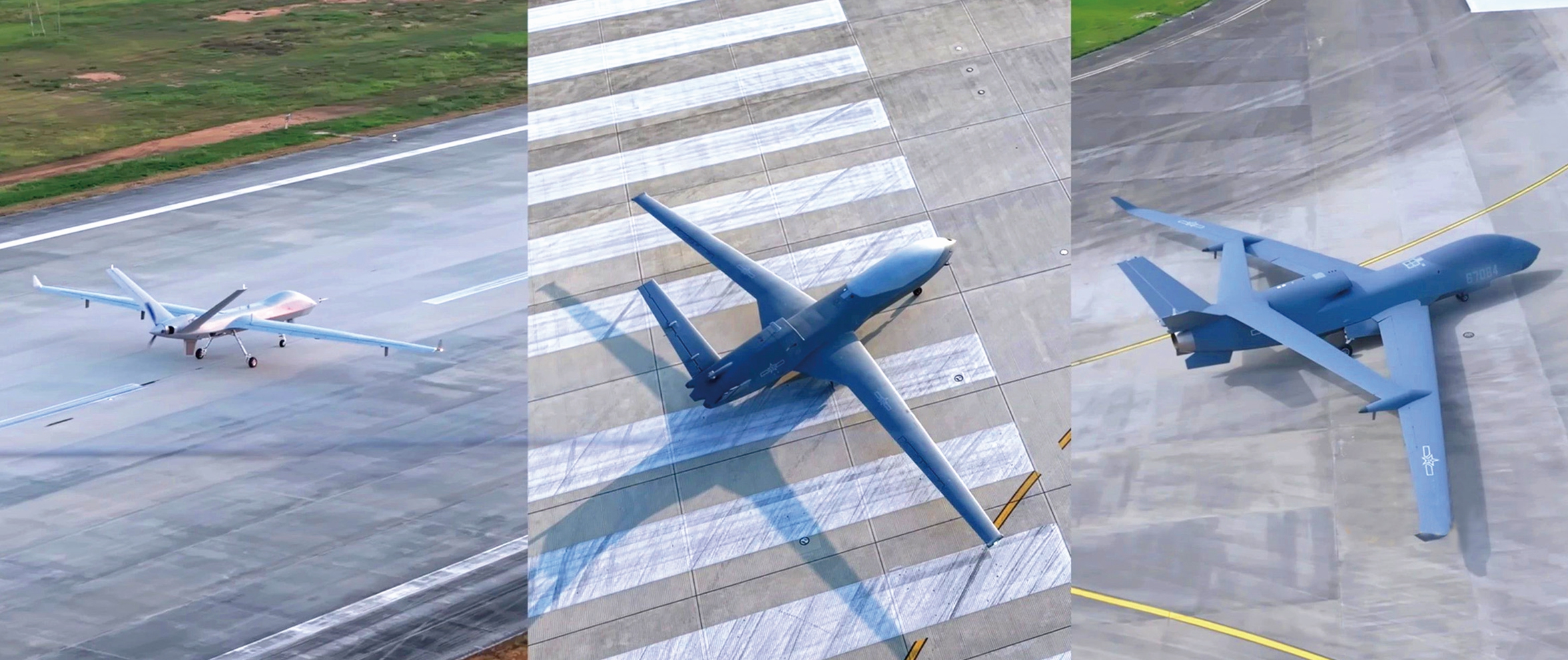 The GJ-3A armed reconnaissance drone, WZ-10 reconnaissance drone and WZ-7 reconnaissance drone together in a split-screen display  Photo: Screenshot from CCTV News