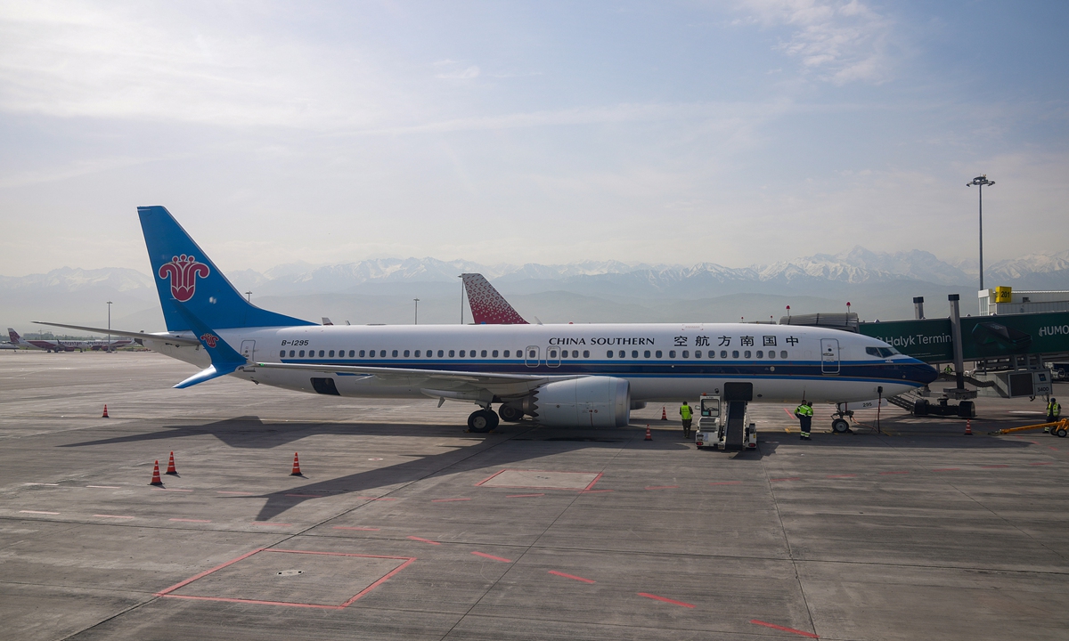 A China Southern Airlines aircraft parks at Almaty International Airport in Almaty, Kazakhstan, on May 1, 2026. Photo: VCG
