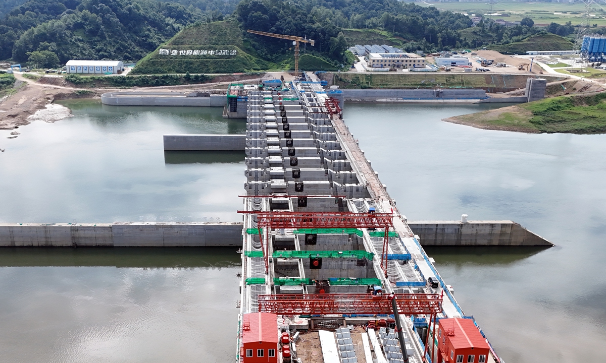 Aerial view of Leping Water Conservancy Hub under construction in Jingdezhen, East China's Jiangxi Province, August 5, 2026. The large-scale project focuses primarily on flood control and agricultural irrigation, while also supporting shipping and hydroelectric power generation. Photo: VCG