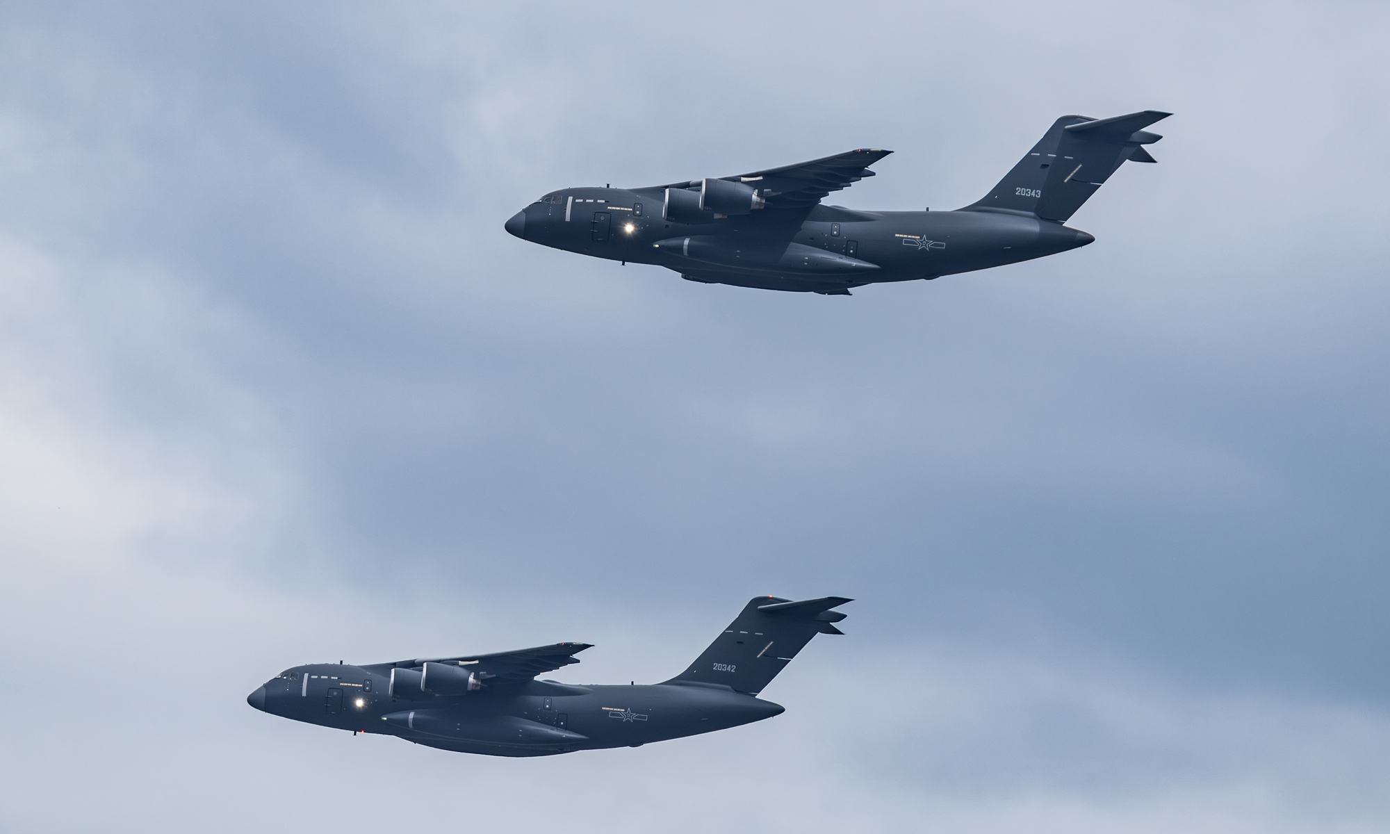 Two Y-20B large transport aircraft fl y in the sky. Photo: VCG