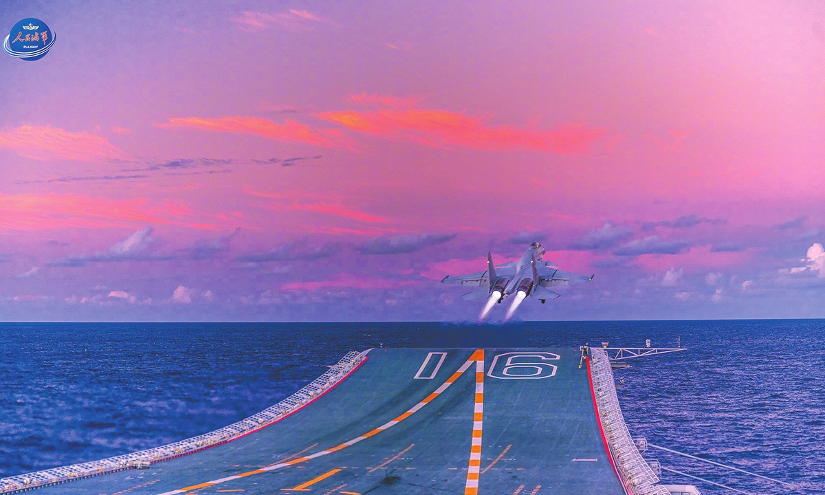 A photo released by the Chinese People's Liberation Army (PLA) Navy on August 6, 2026, shows the moment when a J-15 fighter jet took off from the aircraft carrier Liaoning amid sunset hues. Photo: WeChat account of the PLA Navy