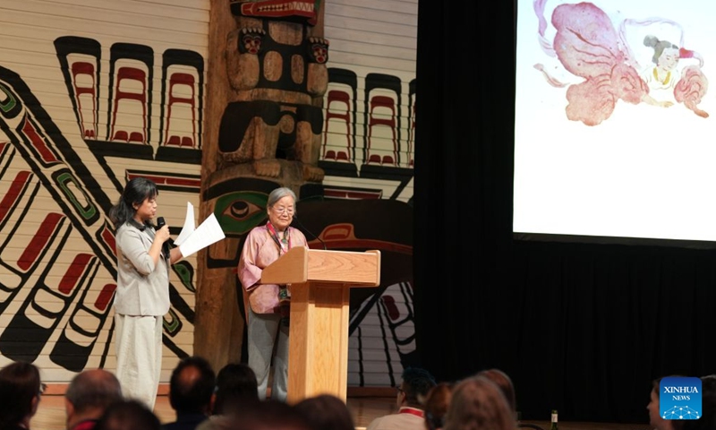 Chinese illustrator Cai Gao delivers a speech at a ceremony of the 2026 Hans Christian Andersen Award in Ottawa, Canada, Aug. 7, 2026. Cai received the 2026 Hans Christian Andersen Award for Illustration at a ceremony in Ottawa on Friday, becoming the first Chinese illustrator to win the highest international honor for creators of children's books. (Photo by Chen Min/Xinhua)

