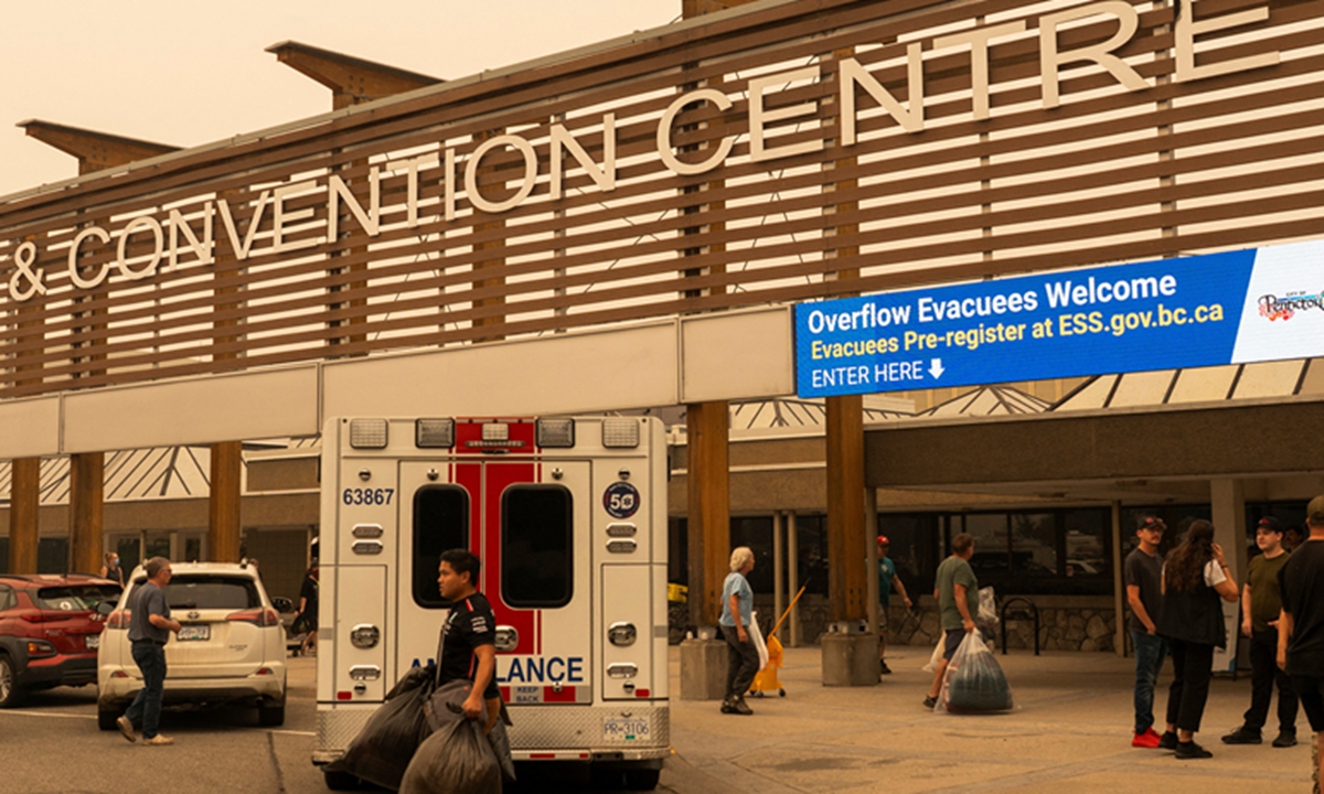Residents affected by the Bald Range Wildfire in British Columbia, Canada are evacuated to the Penticton Trade and Convention Centre on August 8, 2026. British Columbia declared a state of emergency on Saturday after thousands of people in the province were ordered to flee the fast-moving wildfire that nearly doubled in size overnight, media reported. Photo: IC