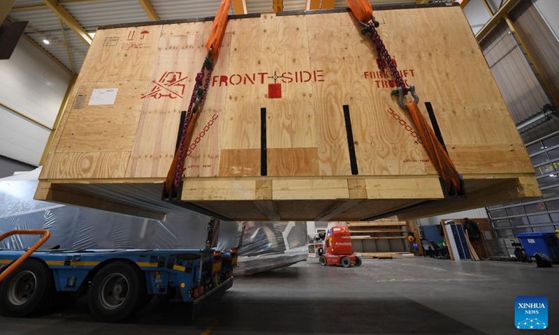 This photo taken on Aug. 7, 2026 shows packed exhibit products of WFL Millturn Technologies in Linz, Austria. Exhibit products from WFL Millturn Technologies in Linz, Austria, began their journey to Shanghai on Friday, marking the shipment of the first batch of exhibits for the 9th China International Import Expo (CIIE) this year.