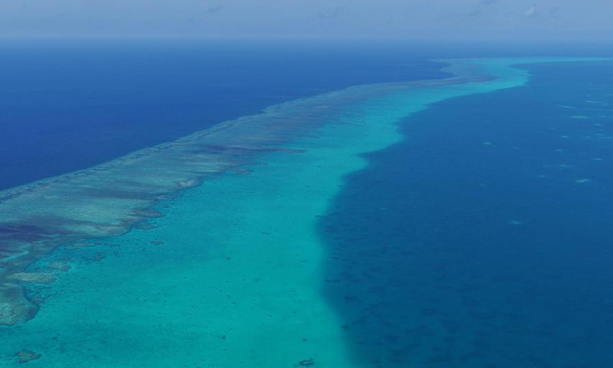An aerial drone photo taken on May 2, 2026 shows reefs in the territorial waters of China's Huangyan Dao in the South China Sea. Photo: Xinhua