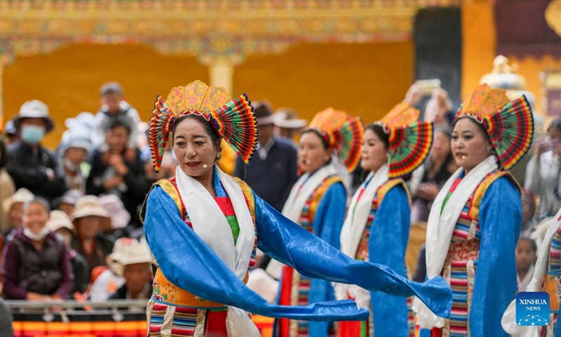 Artists stage a Tibetan opera during the Shoton Festival in Lhasa, southwest China's Xizang Autonomous Region, Aug. 15, 2026. Tibetan opera blends talking, singing, acting, dancing and literature, which is a must-see performance for visitors during the Shoton Festival. (Photo: Xinhua)