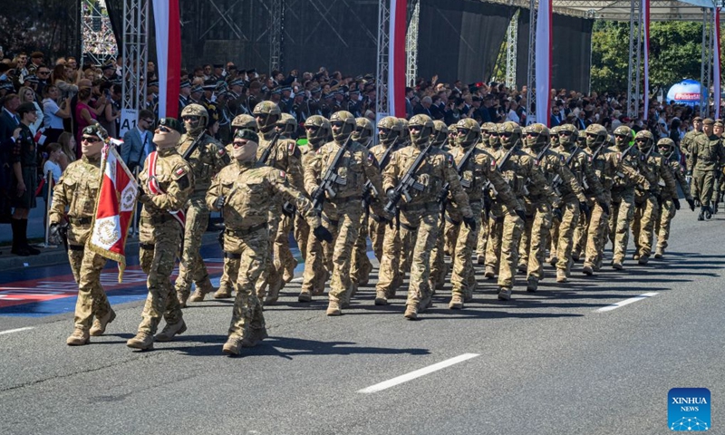 Soldiers take part in a military parade marking Polish Armed Forces Day in Warsaw, Poland, Aug. 15, 2026. (Photo: Xinhua)