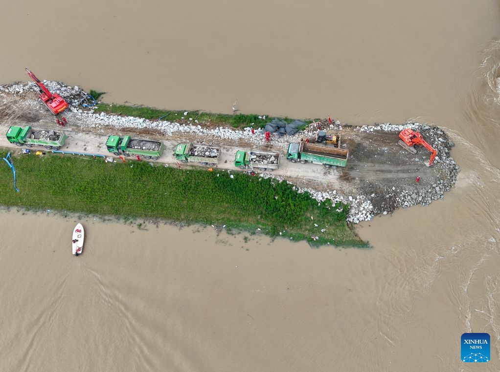 An aerial drone photo take on Aug. 15, 2026 shows repair work underway at the site of a levee breach along the Jialu River in Chuanhui District of Zhoukou City, central China's Henan Province. Around 11 p.m. on Thursday, a breach occurred on the east bank embankment of the Jialu River below a bridge in Chuanhui District of Zhoukou City, due to pressure of upstream inflow from the Jialu River and backflow from the Shaying River,. (Photo: Xinhua)