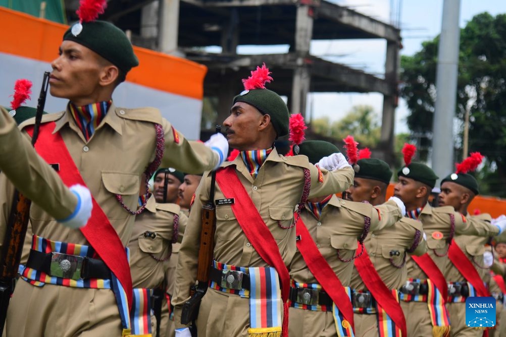 Members of National Cadet Corps (NCC) take part in a parade during India's Independence Day celebrations in Nagaon district of India's northeastern state of Assam, Aug. 15, 2026. (Photo: Xinhua)
