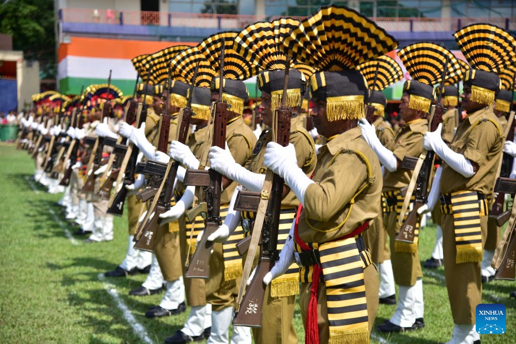 Indian policemen take part in a parade during India's Independence Day celebrations in Nagaon district of India's northeastern state of Assam, Aug. 15, 2026. (Photo: Xinhua)