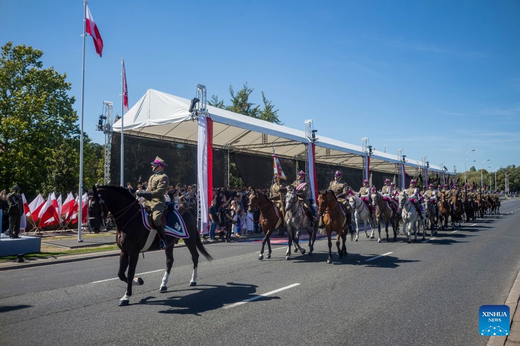 A cavalry formation takes part in a military parade marking Polish Armed Forces Day in Warsaw, Poland, Aug. 15, 2026. (Photo: Xinhua)