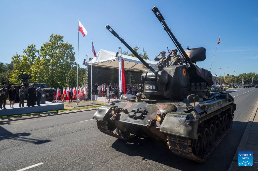 Military equipment takes part in a military parade marking Polish Armed Forces Day in Warsaw, Poland, Aug. 15, 2026. (Photo: Xinhua)