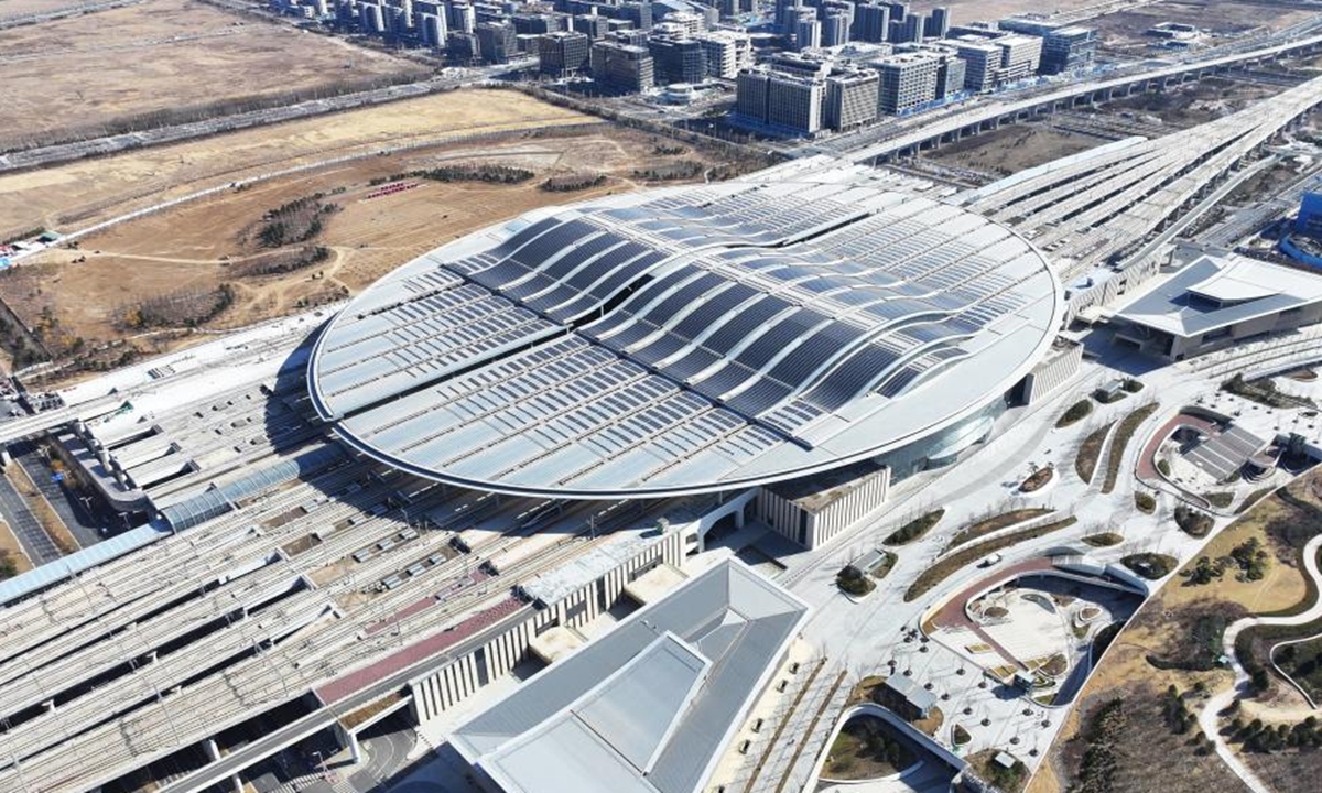 This aerial drone photo taken on March 18, 2026 shows the Xiong'an Railway Station in Xiong'an New Area, north China's Hebei Province. Photo: Xinhua
