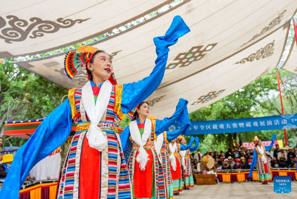 Artists stage a Tibetan opera during the Shoton Festival in Lhasa, southwest China's Xizang Autonomous Region, Aug. 15, 2026. Tibetan opera blends talking, singing, acting, dancing and literature, which is a must-see performance for visitors during the Shoton Festival. (Photo: Xinhua)