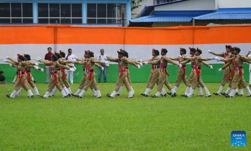 Members of National Cadet Corps (NCC) take part in a parade during India's Independence Day celebrations in Nagaon district of India's northeastern state of Assam, Aug. 15, 2026. (Photo: Xinhua)