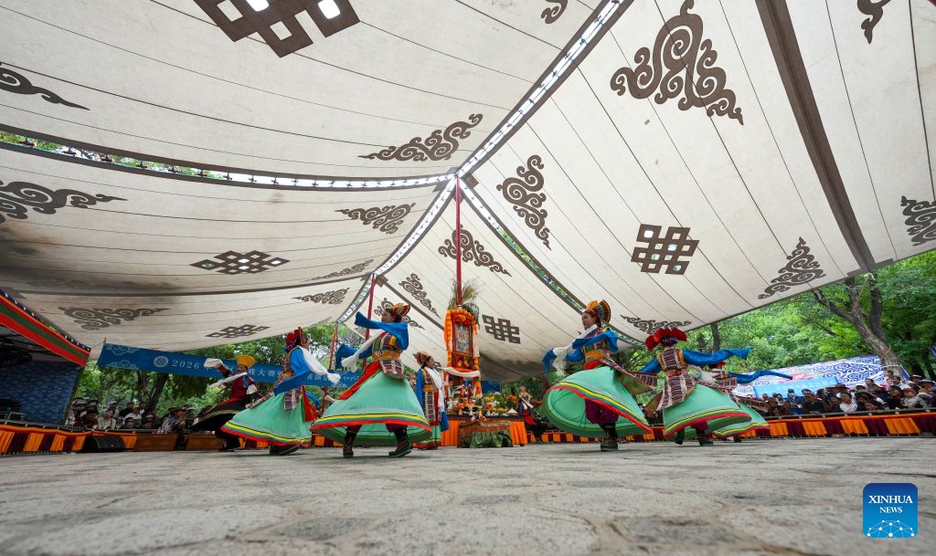 Artists stage a Tibetan opera during the Shoton Festival in Lhasa, southwest China's Xizang Autonomous Region, Aug. 15, 2026. Tibetan opera blends talking, singing, acting, dancing and literature, which is a must-see performance for visitors during the Shoton Festival. (Photo: Xinhua)