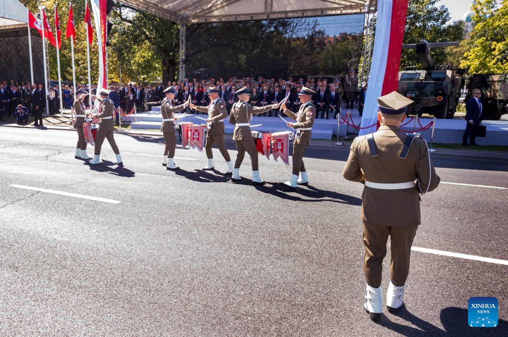 Soldiers take part in a military parade marking Polish Armed Forces Day in Warsaw, Poland, Aug. 15, 2026. (Photo: Xinhua)