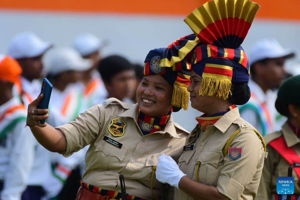 Indian policewomen take selfies during India's Independence Day celebrations in Nagaon district of India's northeastern state of Assam, Aug. 15, 2026. (Photo: Xinhua)