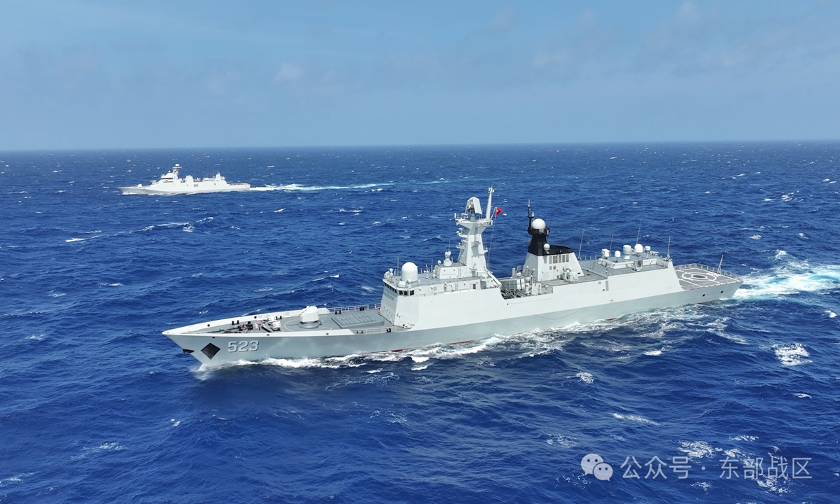 Chinese Navy's guided-missile frigate Honghe (Hull 523) and the Indonesian Navy frigate KRI I Gusti Ngurah Rai conduct a replenishment-at-sea exercise in waters east of China's Taiwan Island in August 2026. Photo: official WeChat account of the PLA Eastern Theater Command 