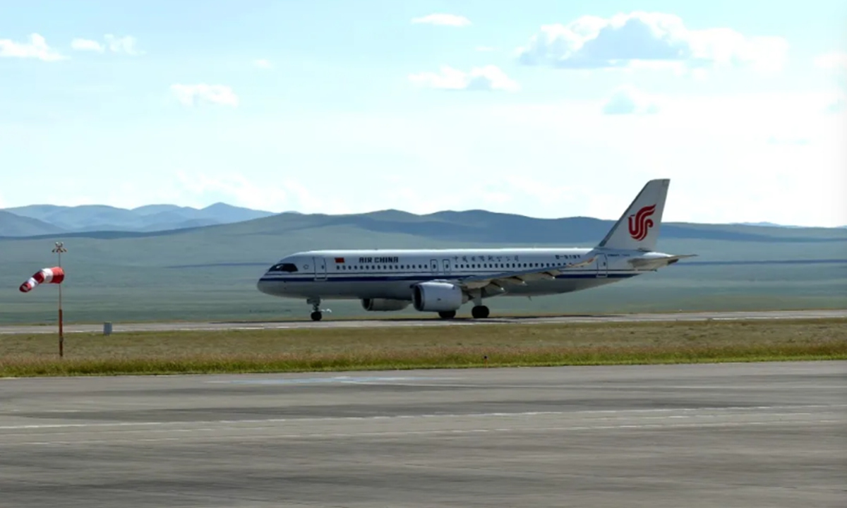 China's domestically developed C919 aircraft lands in Ulan Bator, capital of Mongolia, on August 12, 2026. Photo: Screenshot from a report by People's Daily