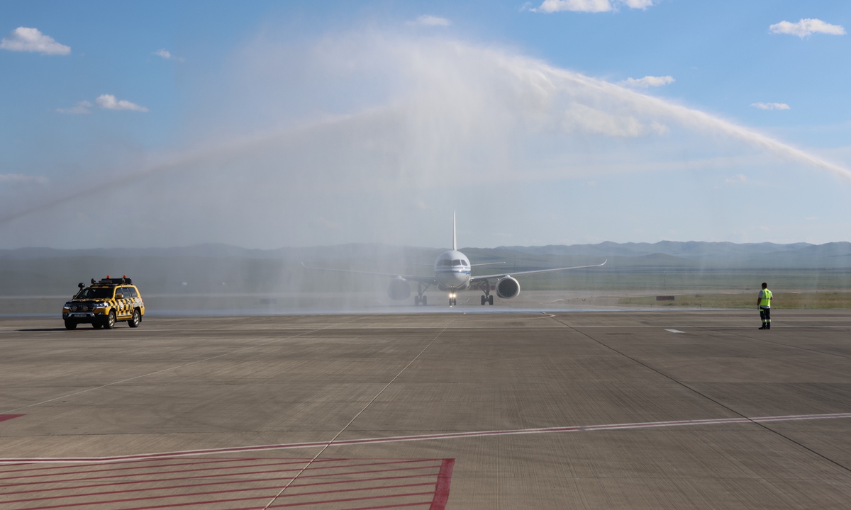 China's domestically developed C919 aircraft lands in Ulaanbaatar, capital of Mongolia, on August 12, 2026. Photo: Courtesy of Air China