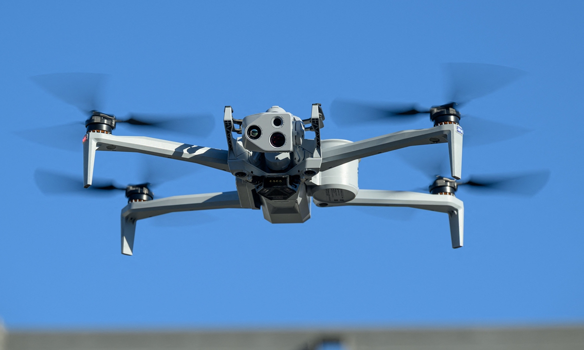 The Skydio X10 drone flies as US Trade Representative Jamieson Greer tours the SkyDio Drone manufacturing facility in Hayward, California, on June 12, 2026. Photo: VCG