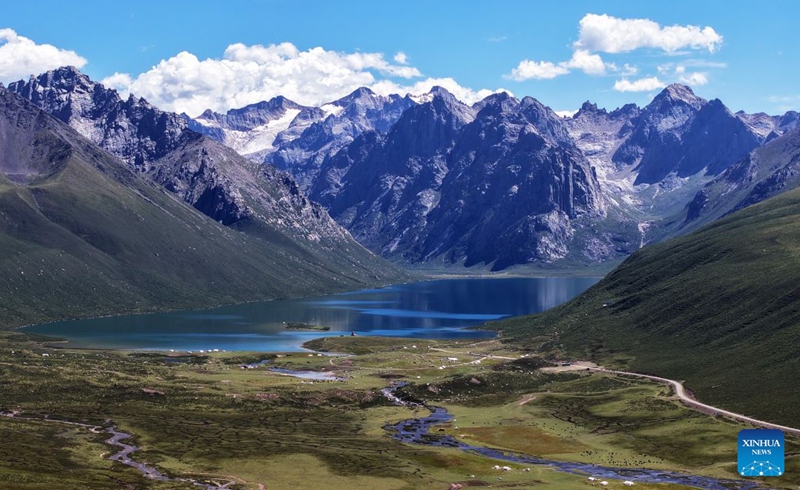 A drone photo taken on Aug. 13, 2026 shows a view of the Nianbaoyuze national geology park within the Sanjiangyuan national nature reserve in Jiuzhi County, Golog Tibetan Autonomous Prefecture, northwest China's Qinghai Province. (Photo by Liang Zhiqiang/Xinhua)