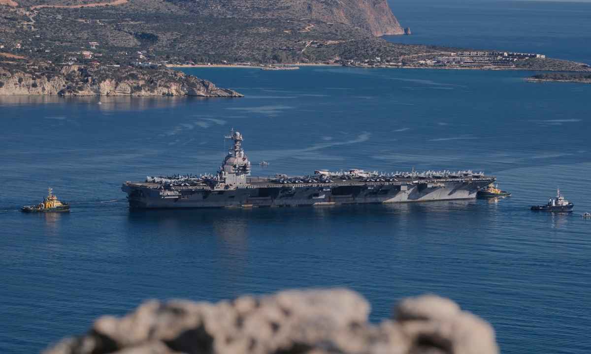 The USS Gerald R. Ford departs from Souda Naval Base near Chania on the island of Crete, Greece, on February 26, 2026. Photo: VCG