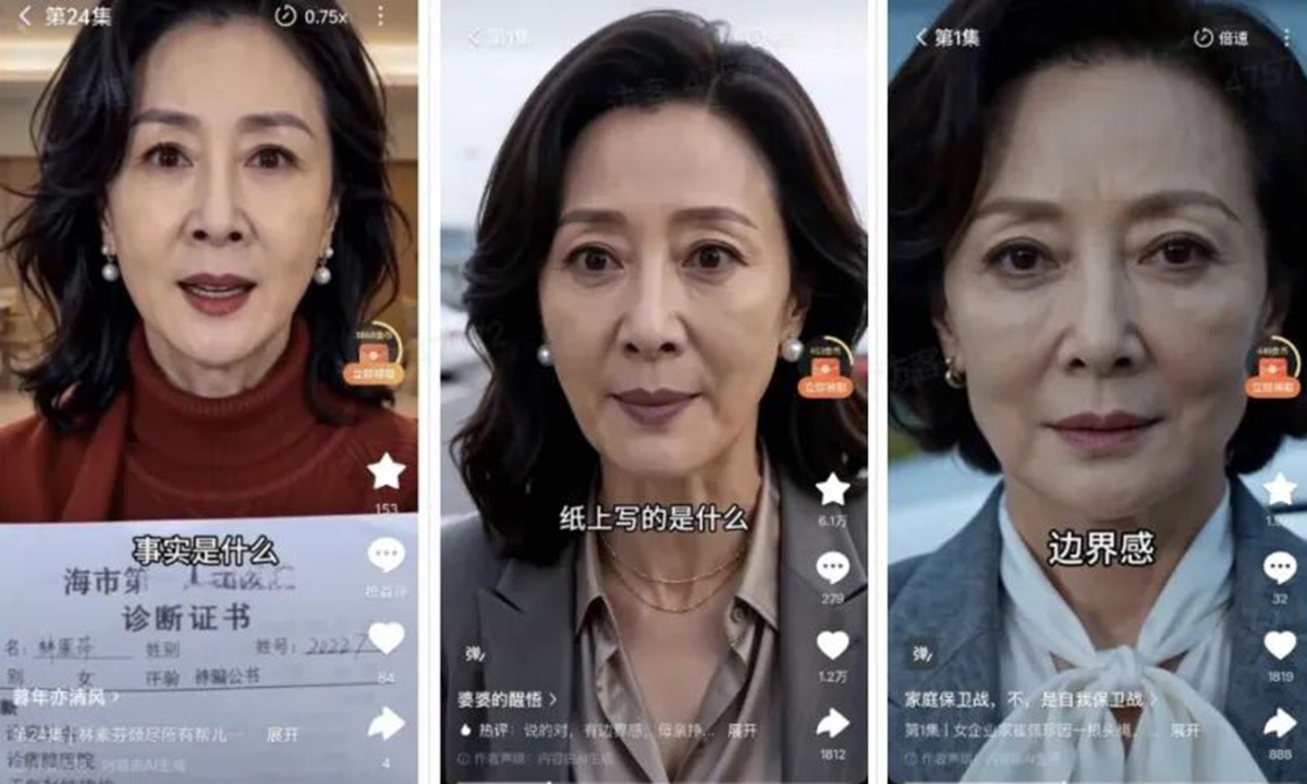 Screenshots of the short drama videos featuring AI characters sharing near-identical faces  