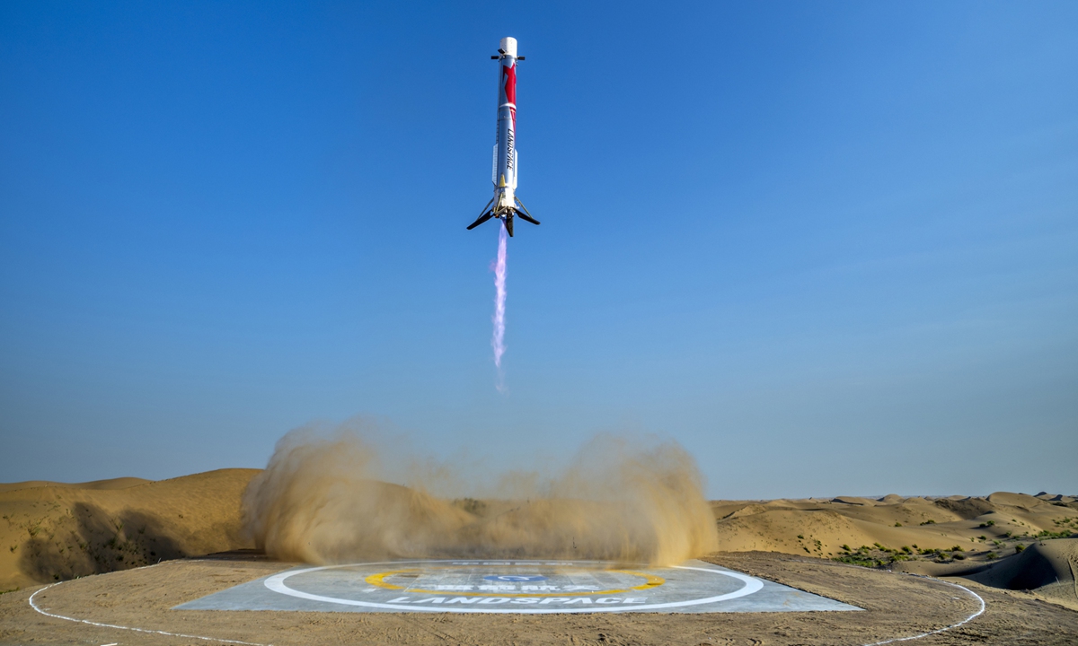 A reusable Zhuque-3 Y2 rocket blasts off from Dongfeng commercial space innovation pilot zone in northwestern China on August 19, 2026. China launched the reusable rocket Zhuque-3 on Wednesday morning, achieving its first recovery of a rocket's first stage on land. Photo VCG
