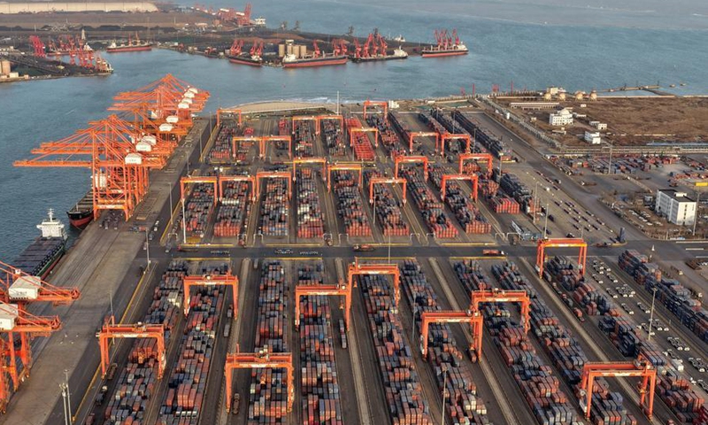 An aerial drone photo taken on Feb. 5, 2026 shows a container yard at the Jingtang area of Tangshan Port in Tangshan, north China's Hebei Province. (Xinhua/Yang Shiyao)
