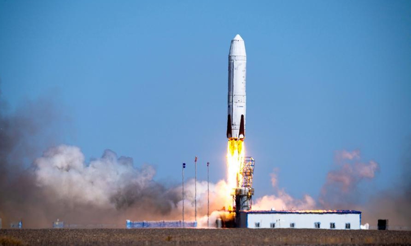 This photo shows the reusable rocket Nebula-1, developed by Chinese private rocket company Deep Blue Aerospace, blasting off during a high-altitude vertical recovery flight test in north China's Inner Mongolia Autonomous Region, Sept. 22, 2024.  (Deep Blue Aerospace/Handout via Xinhua)
