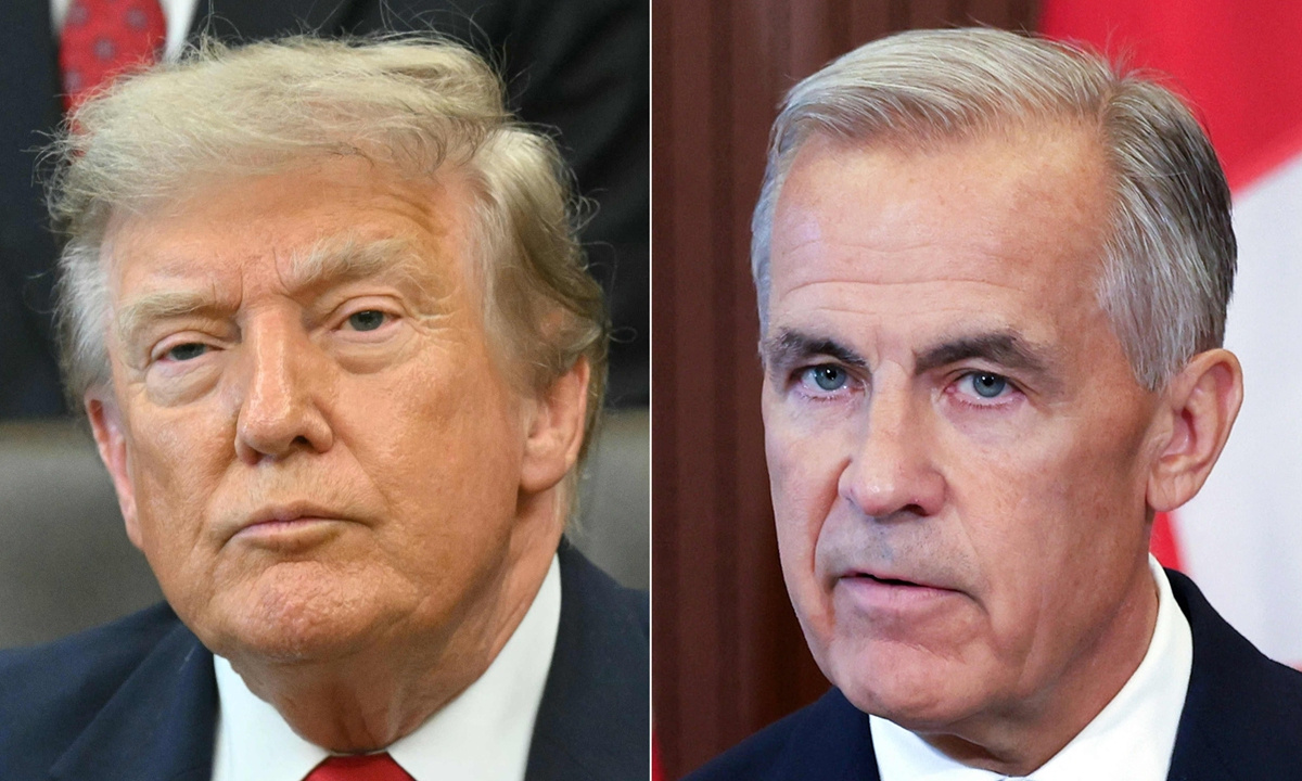 This combination of pictures created on August 22, 2026 shows US President Donald Trump in Washington, DC, on July 13, 2026 and Canadian Prime Minister Mark Carney on August 22, 2026. Canadian Prime Minister Mark Carney announced retaliatory tariffs on the United States on August 22, after walking away from a bad deal on trade in a deepening rift between the longtime allies. Photo: VCG