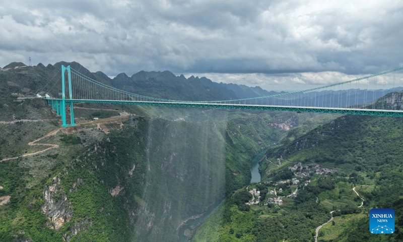 An aerial drone photo taken on July 30, 2026 shows the Huajiang Grand Canyon Bridge in southwest China's Guizhou Province. The bridge, soaring 625 meters above the Beipan River in Guizhou's mountainous terrain, is the world's highest bridge. It opened to traffic on Sept. 28, 2025. Photo: Xinhua
