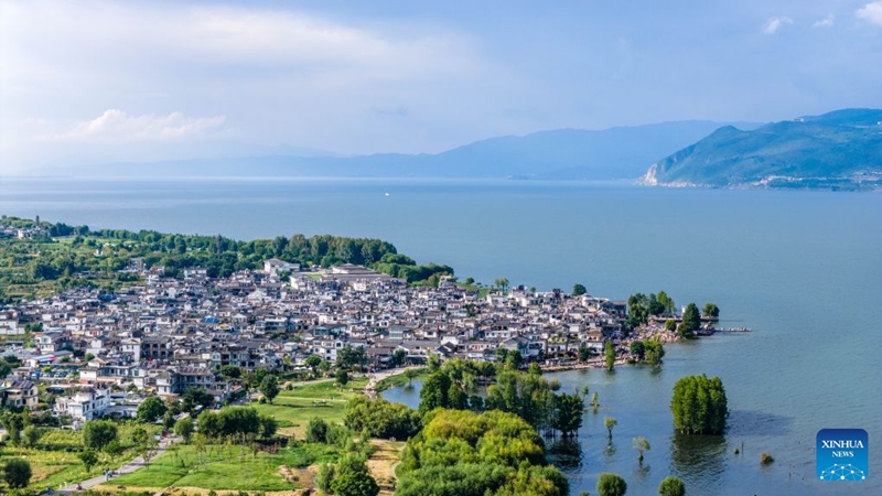 An aerial drone photo shows a view of the Erhai Lake ecological corridor in Dali, southwest China's Yunnan Province, Aug. 21, 2026. Photo: Xinhua