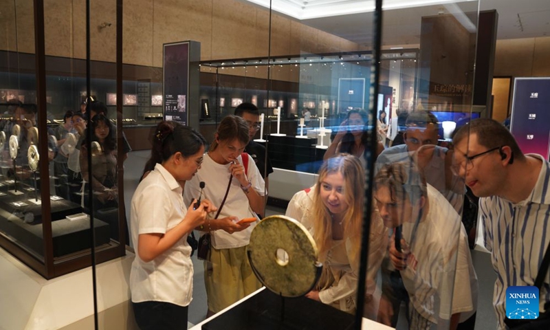 Members of a joint China-Russia media delegation visit the Liangzhu Museum in Hangzhou, east China's Zhejiang Province, Aug. 21, 2026. The delegation visited Hangzhou from Aug. 20 to 22, experiencing the charm of Chinese culture. (Xinhua/Lu Jinbo)