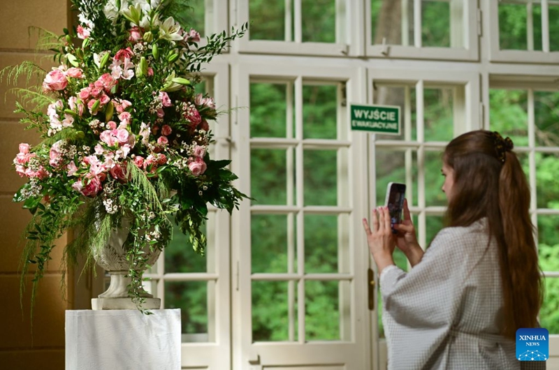 A visitor takes photos of flowers during the 42nd Royal Rose Exhibition at Royal Lazienki Park in Warsaw, Poland, on Aug. 21, 2026. The exhibition is held from Aug. 21 to 23 at Royal Lazienki Park, showcasing roses and floral arrangements from around the world. (Photo by Alexey Vitvitsky/Xinhua)