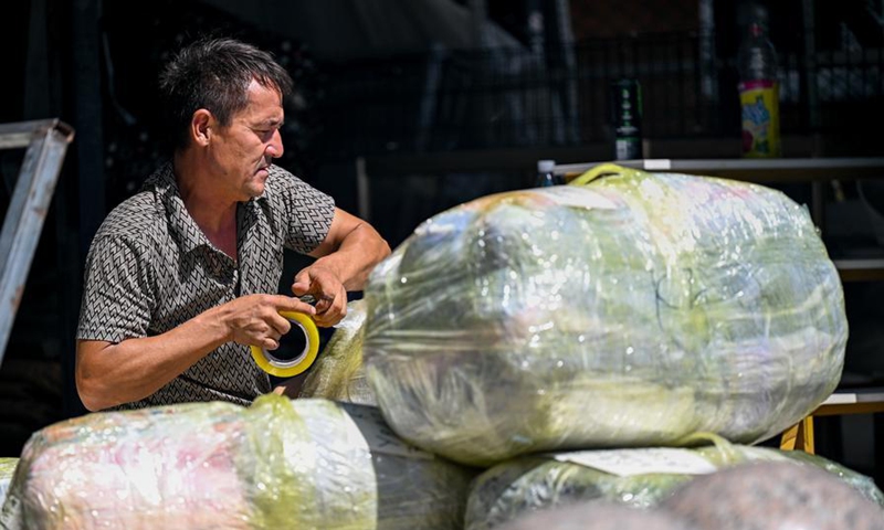 A staff member packages products ordered via a cross-border live-streaming platform at the China-Kazakhstan Horgos International Border Cooperation Center in Horgos, northwest China's Xinjiang Uygur Autonomous Region, Aug. 21, 2026. (Xinhua/Ding Lei)