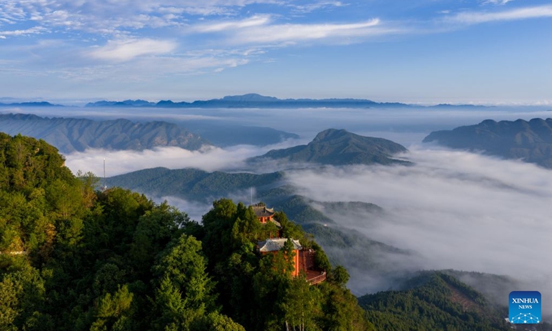 A drone photo taken on Aug. 20, 2026 shows mountains shrouded in clouds and mist in Jian'ge County, Guangyuan City of southwest China's Sichuan Province. (Xinhua/Jiang Hongjing)