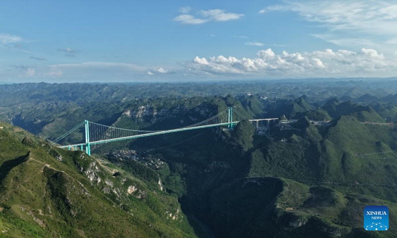 An aerial drone photo taken on July 31, 2026 shows the Huajiang Grand Canyon Bridge in southwest China's Guizhou Province. The bridge, soaring 625 meters above the Beipan River in Guizhou's mountainous terrain, is the world's highest bridge. It opened to traffic on Sept. 28, 2025. Photo: Xinhua