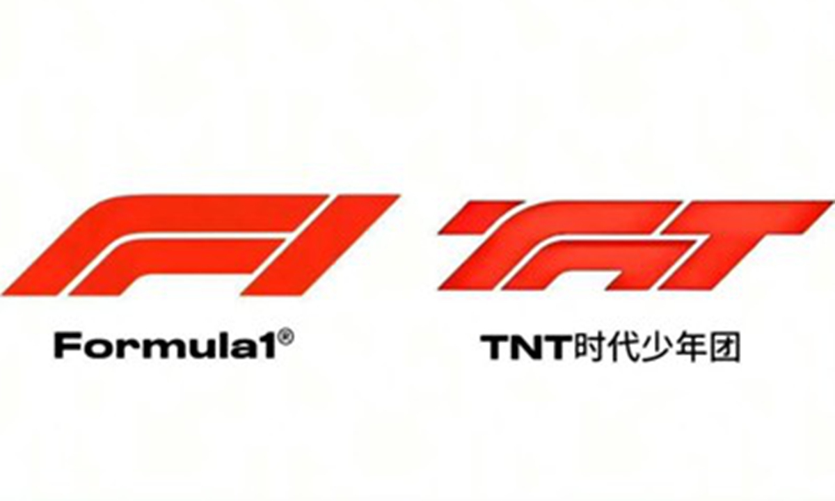 A screenshot circulating on Chinese social media compares the Formula One (F1) logo (left) with the logo used for the Teens in Times concert tour