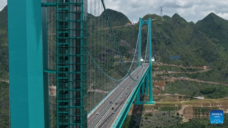 An aerial drone photo taken on July 31, 2026 shows the Huajiang Grand Canyon Bridge in southwest China's Guizhou Province. The bridge, soaring 625 meters above the Beipan River in Guizhou's mountainous terrain, is the world's highest bridge. It opened to traffic on Sept. 28, 2025. Photo: Xinhua