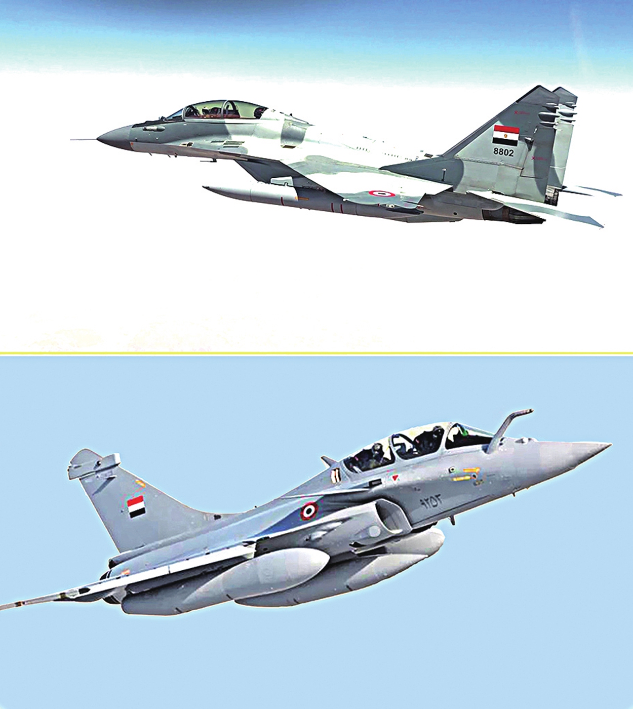 An Egyptian MiG-29 fighter (above) and a Rafale fighter Photo: X account of Egypt's Ministry of Defense spokesperson 