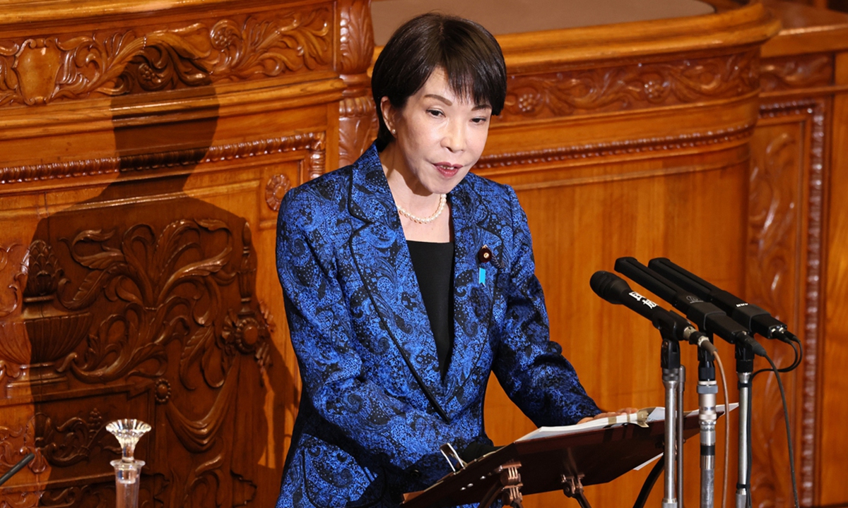 Japanese Prime Minister Sanae Takaichi responds to questions from party leaders regarding PM Takaichi's policy speech during the House of Councillors plenary session at the Diet building in Tokyo on February 25, 2026. Photo: VCG