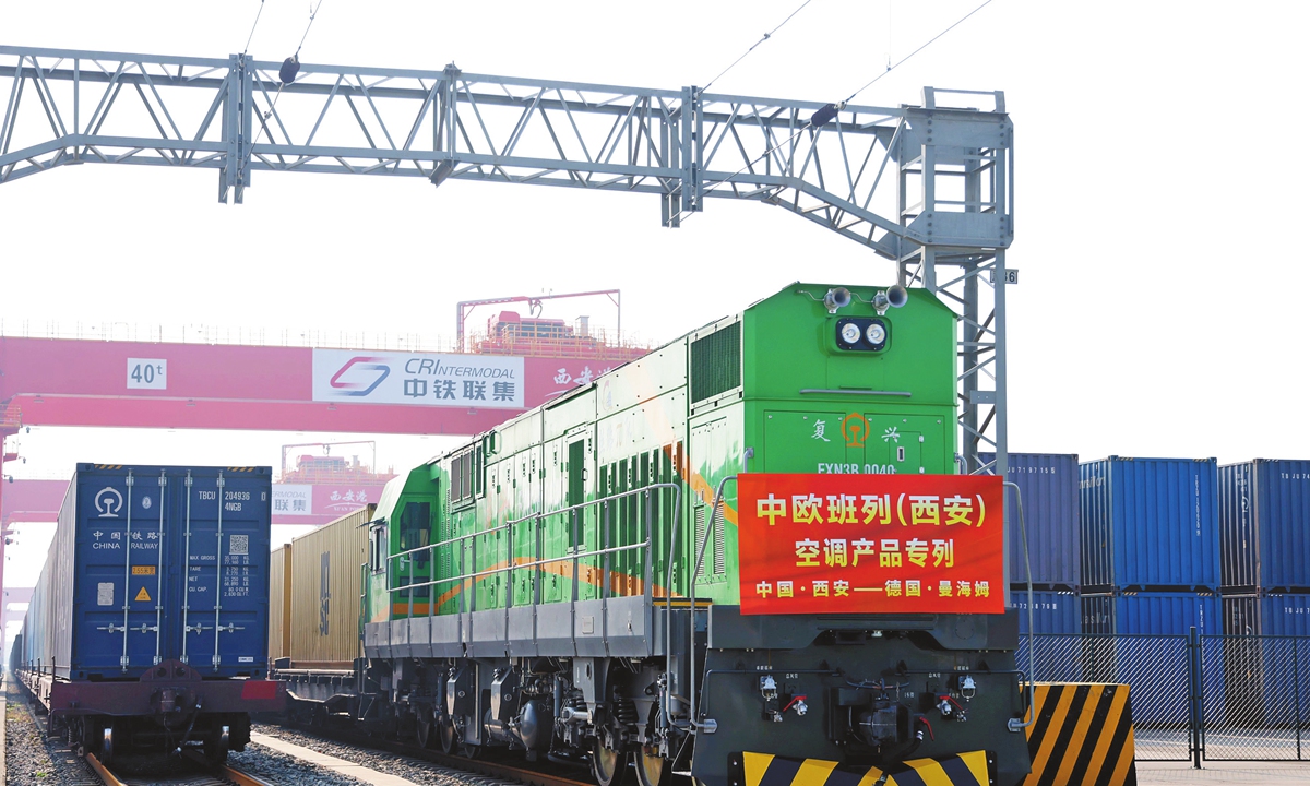 A China-Europe freight train loaded with domestically produced air conditioners departs from Xi'an International Port Station in Xi'an, Northwest China's Shaanxi Province, on August 24, 2026. Photo: CNS Photo