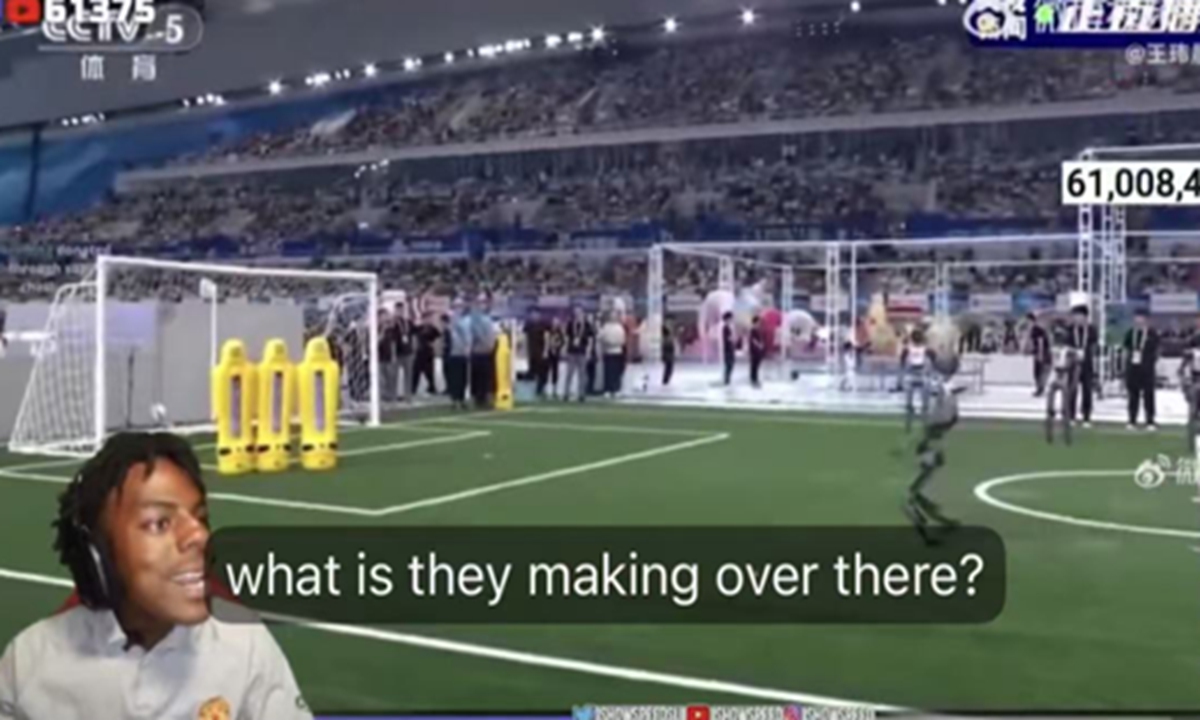 Video clip of influencer @IShowSpeed watching a humanoid robot kick a football and perform Portuguese football star Cristiano Ronaldo's signature 