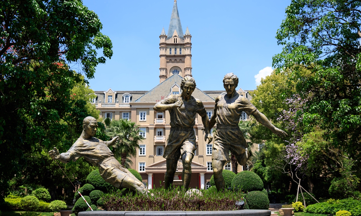 A football-themed statue stands at the Evergrande Football School, now the Qingyuan campus of Guangzhou Sport University  Photo: VCG