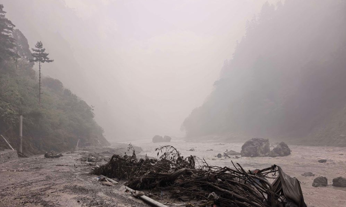 This photo taken on August 26, 2026 shows an area near Gyirong Port in Southwest China's Xizang Autonomous Region. A mudslide struck near Gyirong Port in southwest China's Xizang Autonomous Region on Wednesday, with people feared missing, local authorities said. Photo: Xinhua 