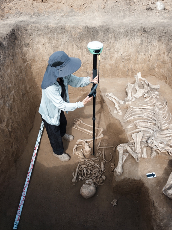 A member of the Chinese team precisely maps and records the spatial coordinates of small finds unearthed during the excavation at the Chileta tomb complex, Altai, Russia, on July 21, 2026. Photo: Courtesy of Mu Jinshan